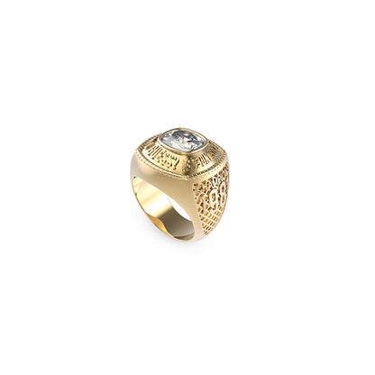 Alt Tag: GUESS JEWELS JEWELRY Mod. JUMR01375JWYG66 elegant gold ring with intricate design and a central gemstone on white background