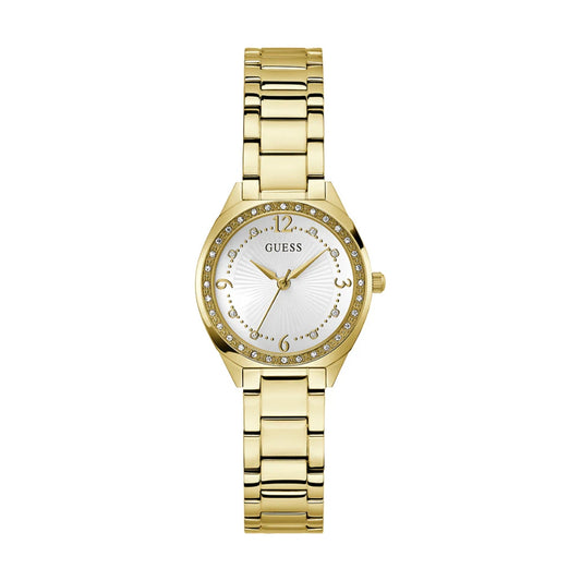 GUESS Mod. CHARLOTTE gold wristwatch for ladies, 3 ATM water resistance, 30 mm case, quartz movement, shown in official packaging.