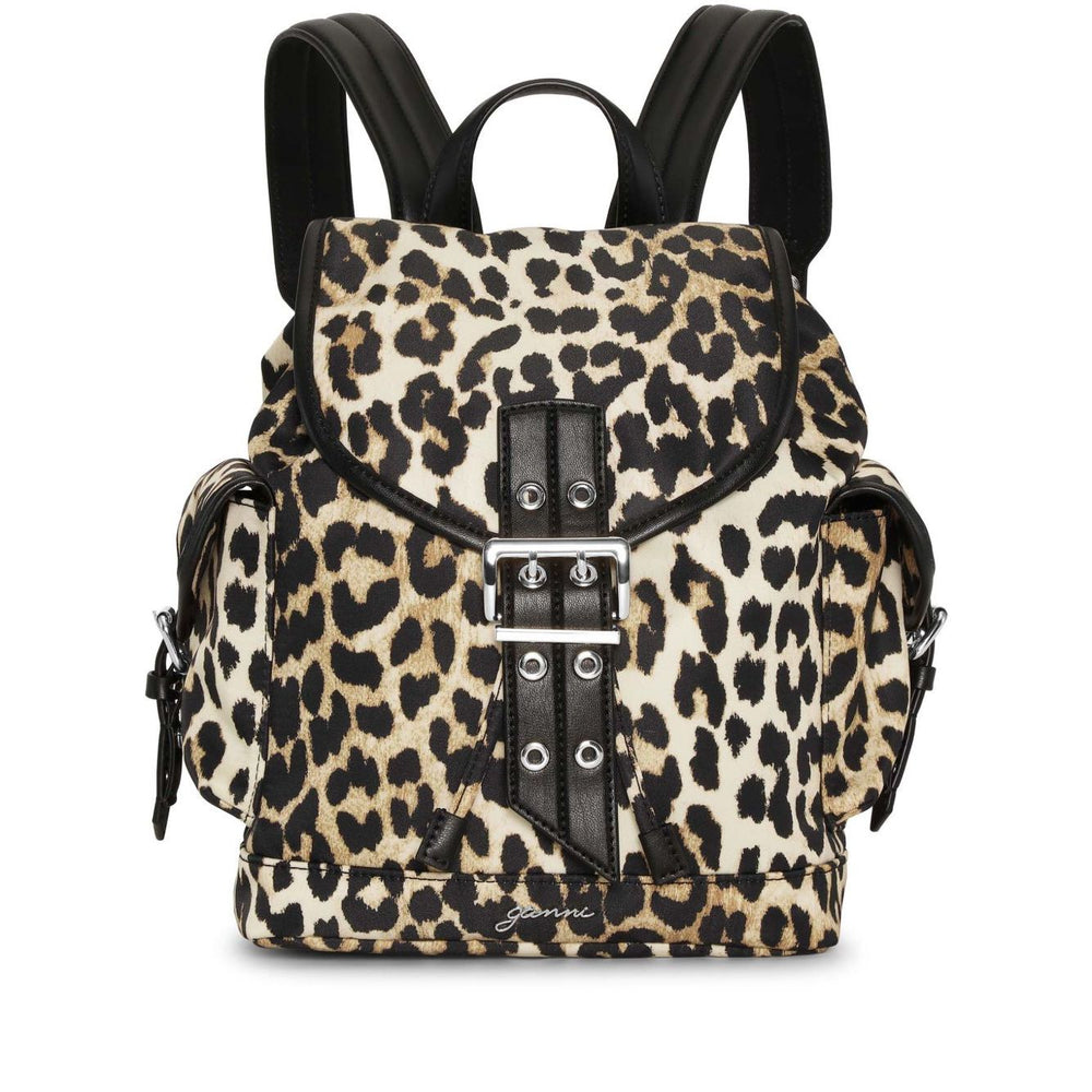 Ganni Leopard Small Nylon Bucky Backpack with buckle fastening and drawstring, small, stylish design, ideal for fashion-forward use.