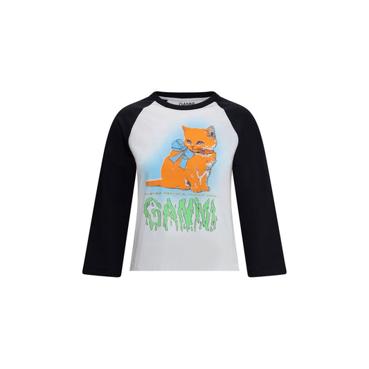 Ganni Multicolor Cotton T-Shirt with kitten graphic and GANNI logo, featuring 'Have a nice day! Please recycle!' message, AW25 collection.