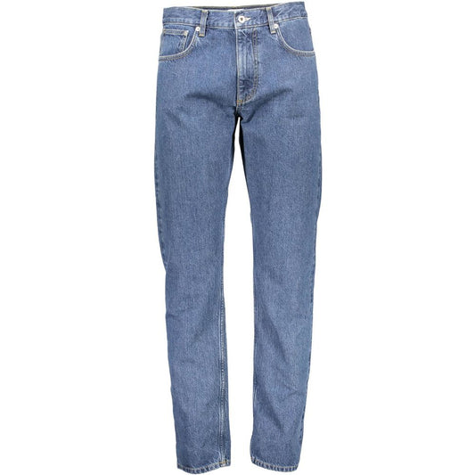 Gant Blue Cotton Men's Jeans with classic 5-pocket design, button-and-zip fly, and iconic logo, providing comfort and style.