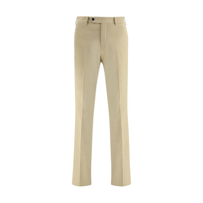 Germano Beige Cotton Chino Pants featuring mid-rise waist, front zipper, button closure, and side welt pockets, perfect for versatile styling.