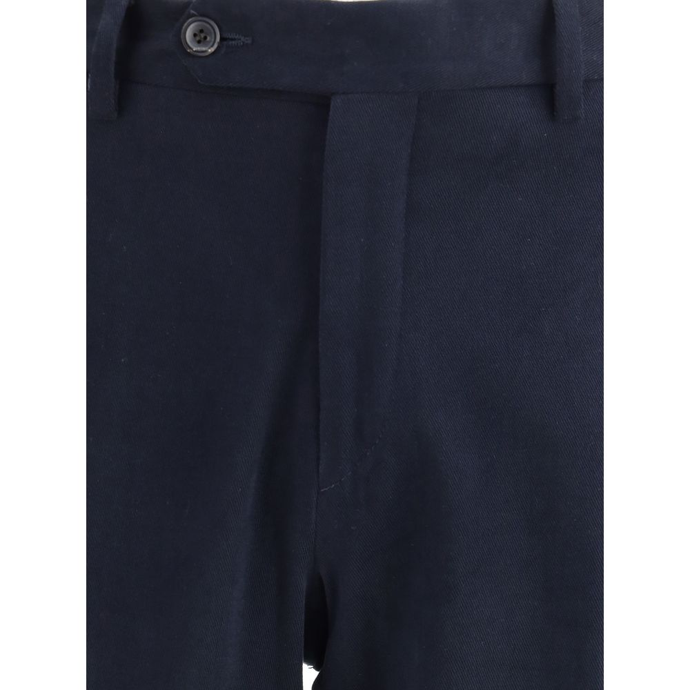 Close-up of Germano Blue Cotton Chino Pants showing front zipper, button closure, and belt loops, made of elegant cotton velvet fabric.