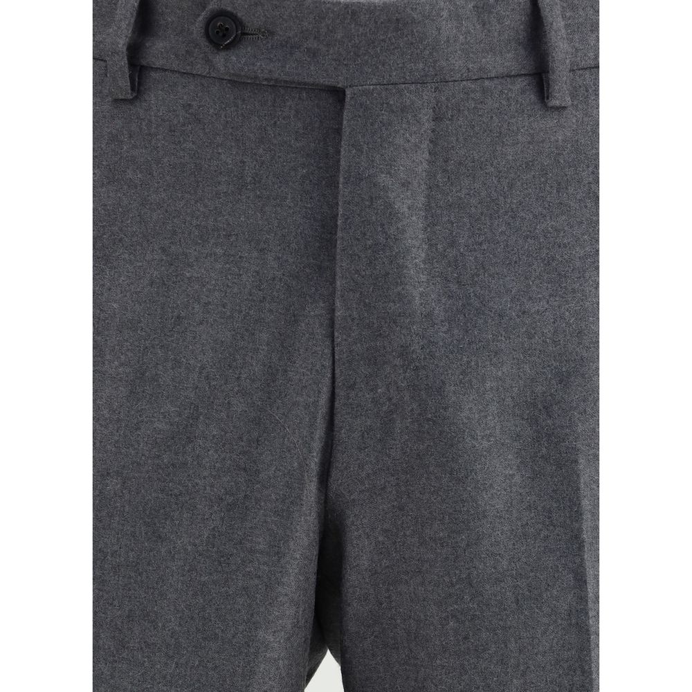 Close-up of Germano Gray Fleece Wool Dress Pants with front zipper and button closure, ideal for formal occasions.