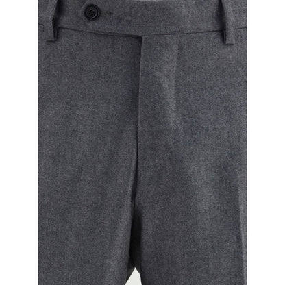 Close-up of Germano Gray Fleece Wool Dress Pants with front zipper and button closure, ideal for formal occasions.