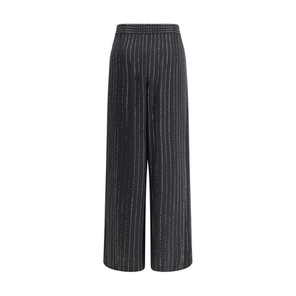 Giorgio Armani Black Silk Casual Pants with wide-leg design, tone-on-tone embroidery, and luminous pinstripe pattern.