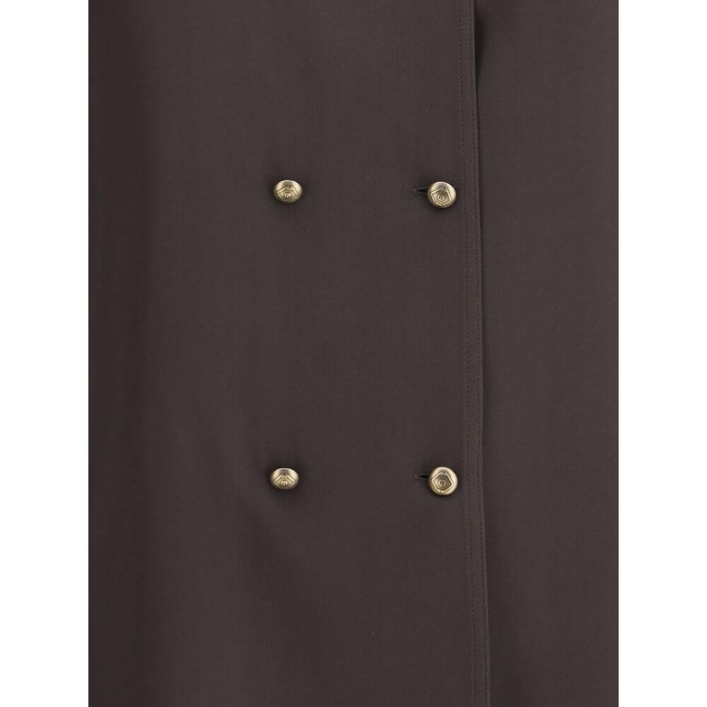 Close-up of Giorgio Armani Brown Silk Shirt with embossed gold buttons and double-breasted design, showcasing luxury silk fabric.