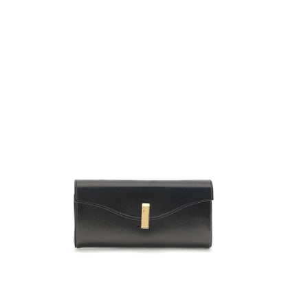 Giuseppe Zanotti Black Leather Clutch Bag with gold metal closure and chain strap, sleek and elegant fashion accessory.