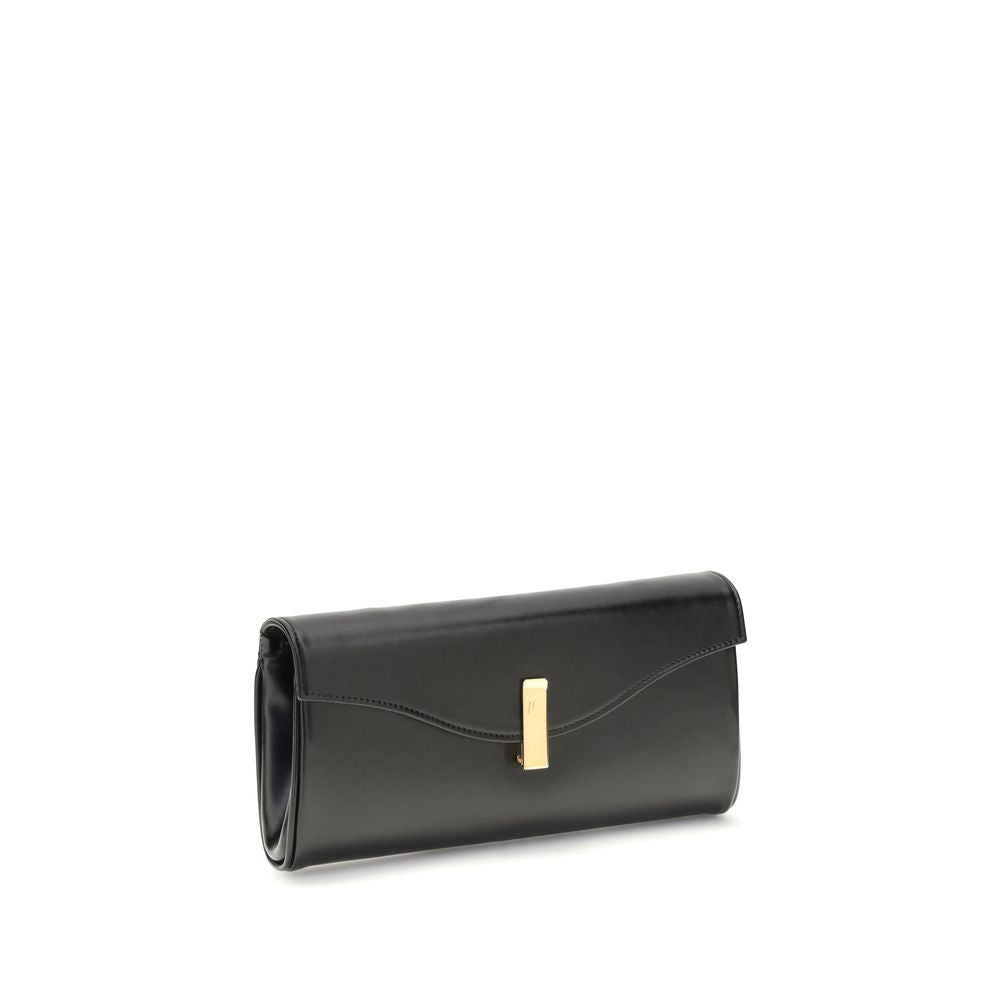 Giuseppe Zanotti Black Leather Clutch Bag with gold-tone chain and logoed metal closure, elegant compact design.