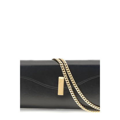 Giuseppe Zanotti Black Leather Clutch Bag with gold chain strap and logoed metal closure.