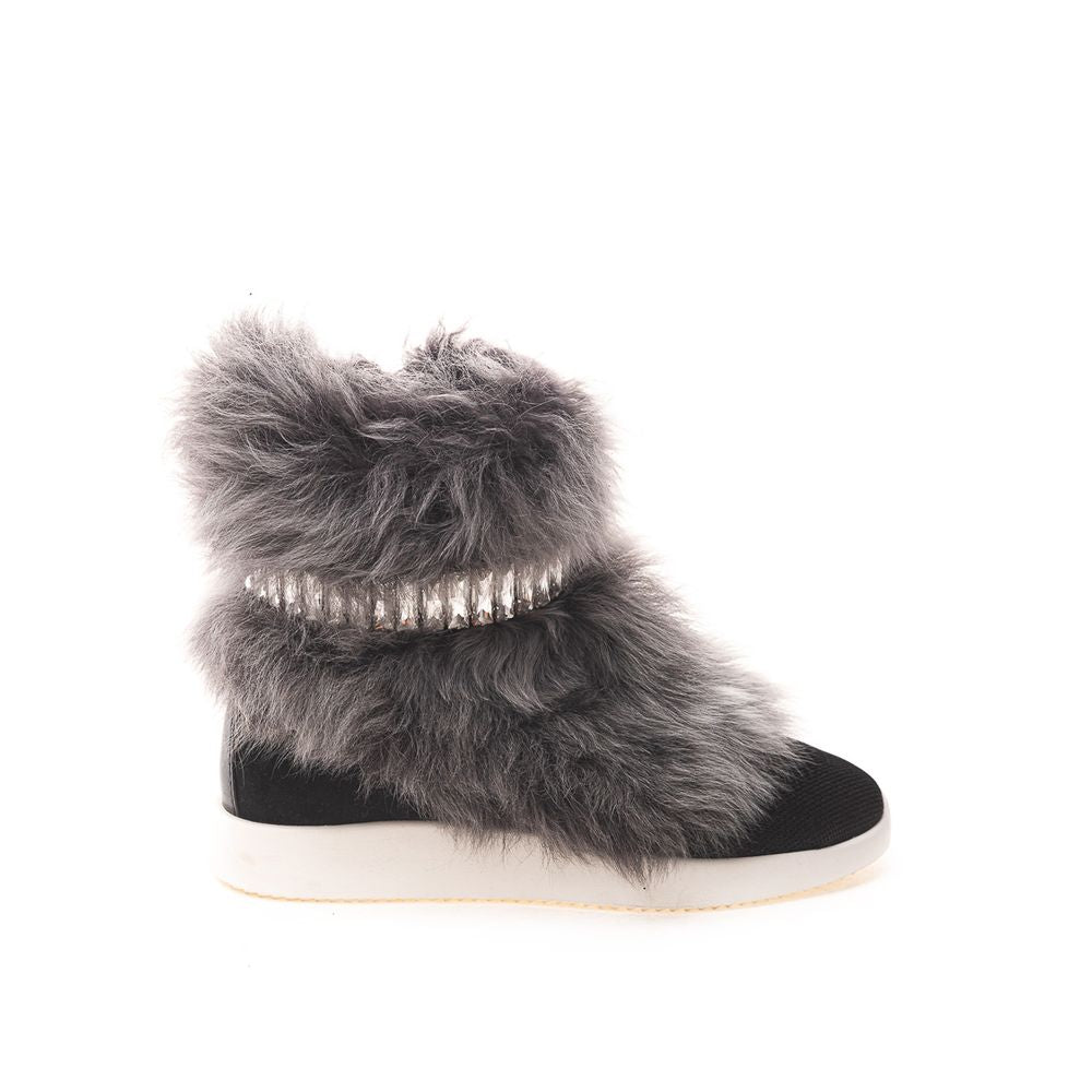 Giuseppe Zanotti Black Neoprene Chunky Sneakers with fur and crystal accents, shown with a contrasting white rubber sole and side zipper.