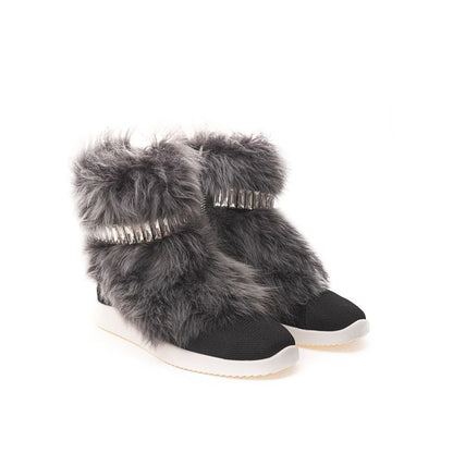 Giuseppe Zanotti Black Neoprene Chunky Sneakers with fur, crystals, and side zipper on white sole