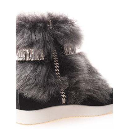 Giuseppe Zanotti Black Neoprene Chunky Sneakers with faux fur and crystals, side zipper, round toe, white rubber sole.