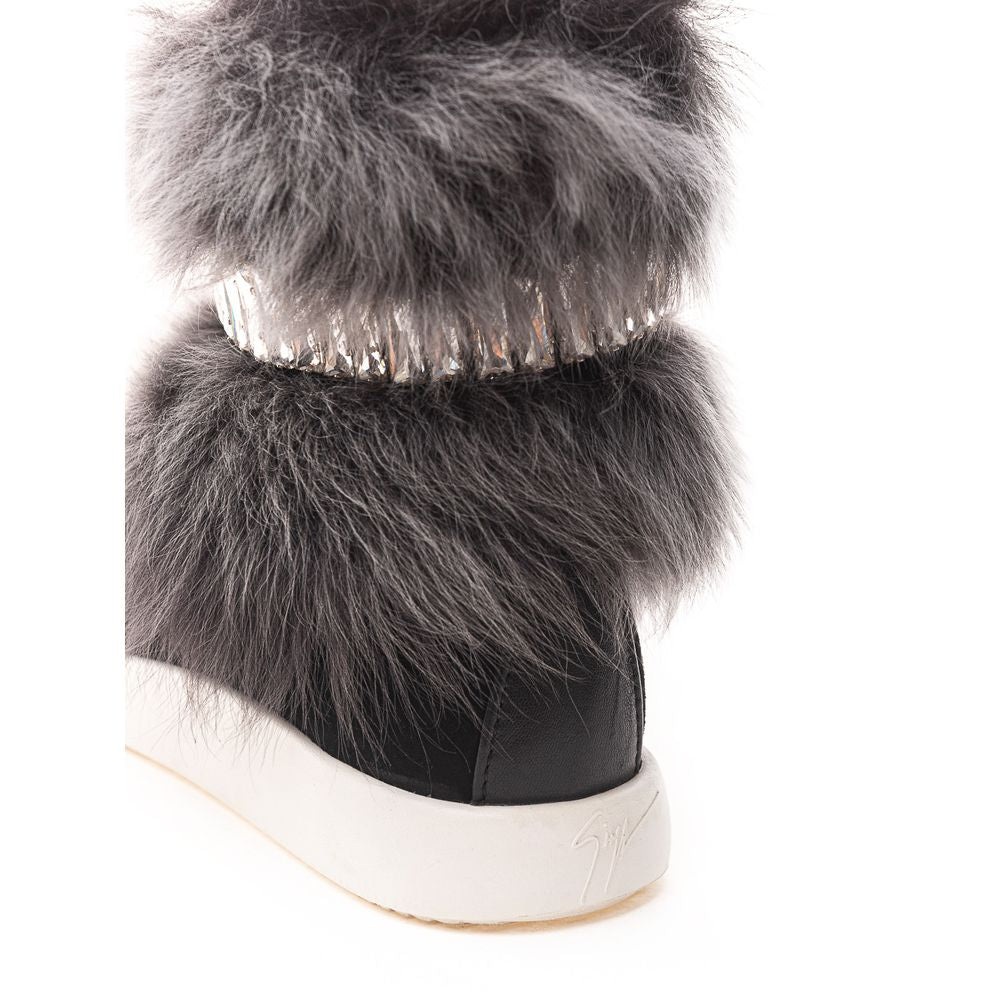 Close-up of Giuseppe Zanotti Black Neoprene Chunky Sneakers with faux fur and crystal embellishment, featuring a white rubber sole and side zipper.
