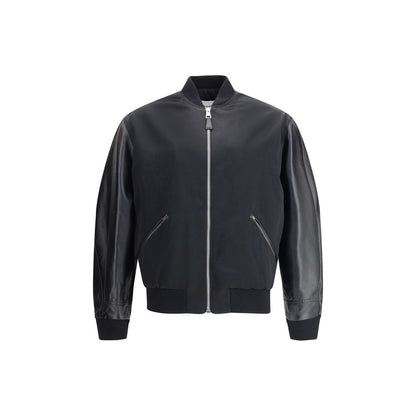 Givenchy Black Cotton Bomber with satin body and leather sleeves, featuring bomber collar and zipper closure.