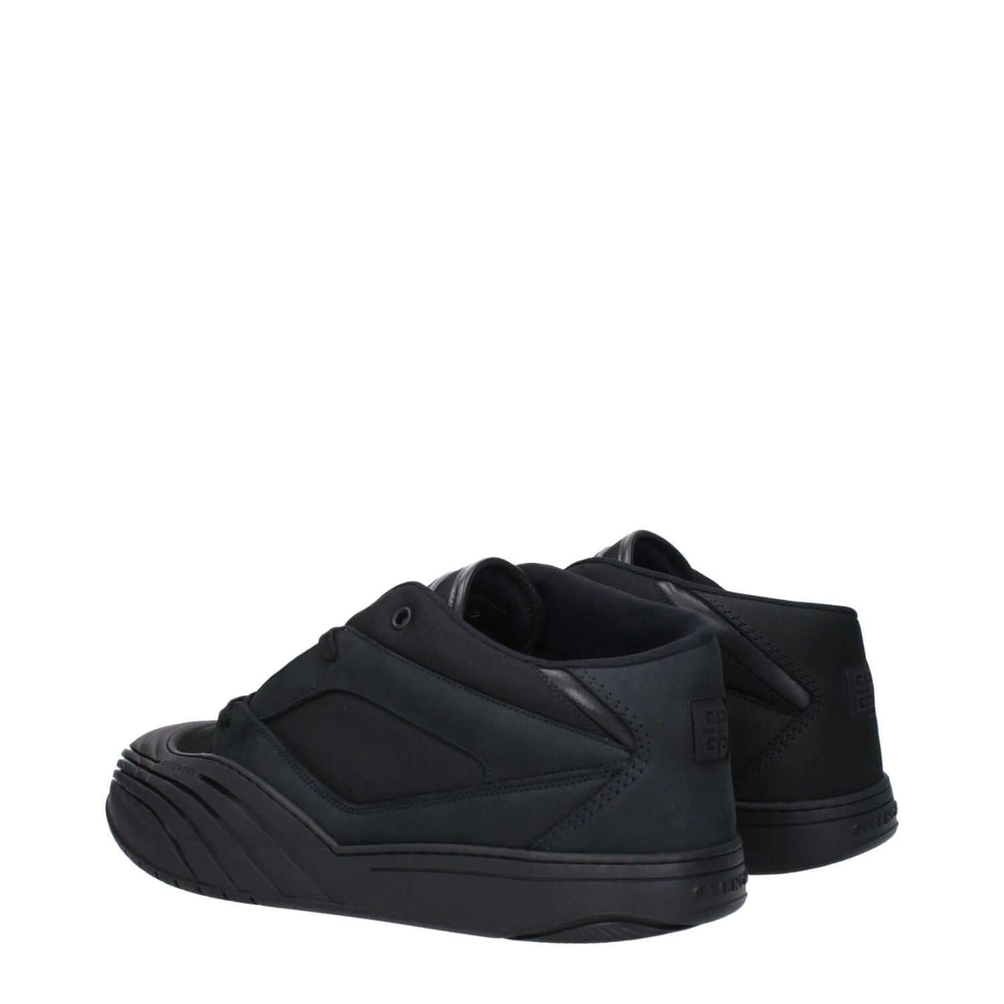 Givenchy Black Fabric Low Top Sneakers with logos, lace up closure, rubber sole, and round toe viewed from the back and side.