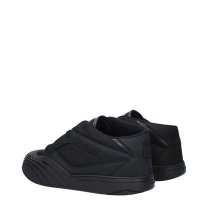 Givenchy Black Fabric Low Top Sneakers with logos, lace up closure, rubber sole, and round toe viewed from the back and side.