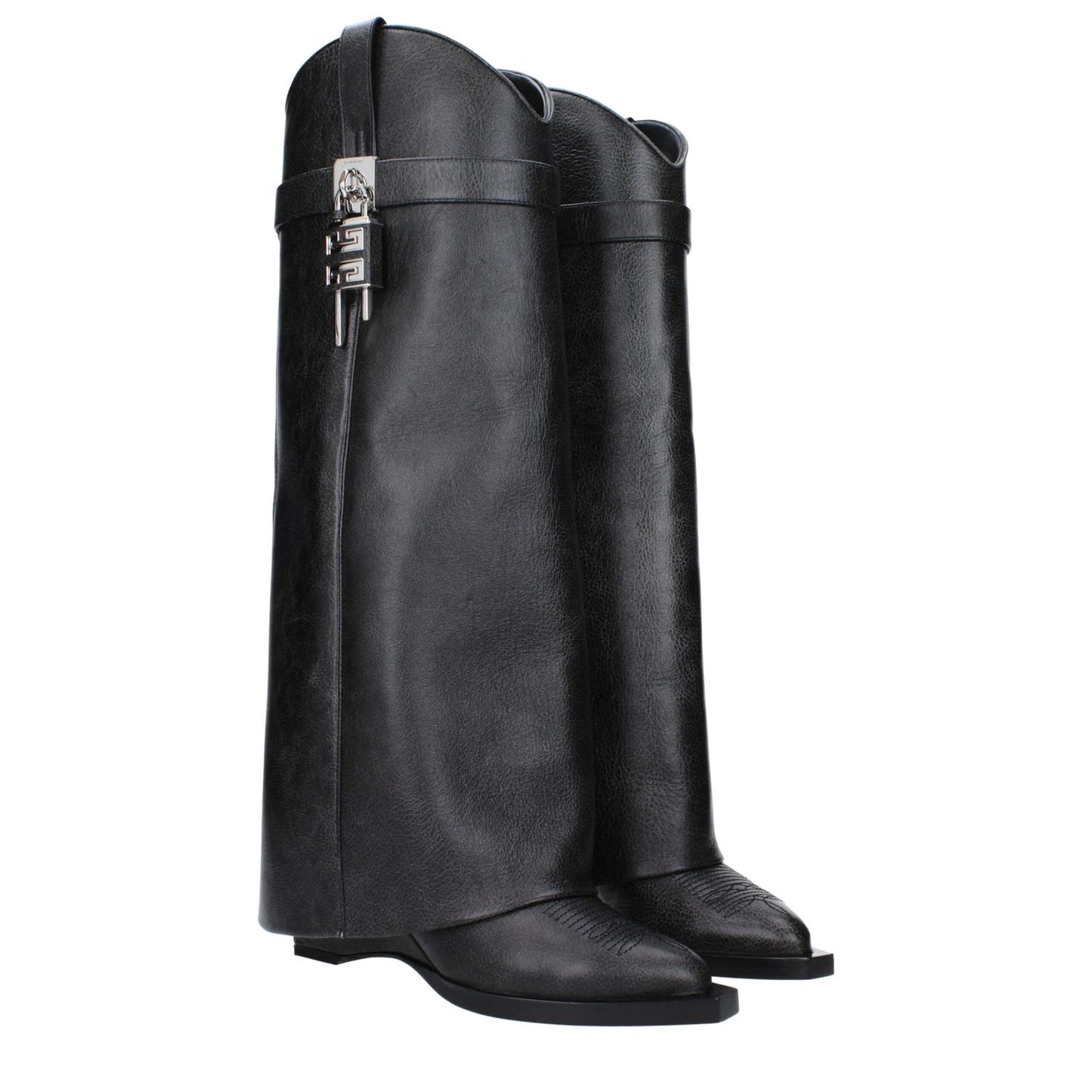 Givenchy Black Leather Boots with silver side detail and pointy toe, featuring aged and vintage effect, wedge heel.
