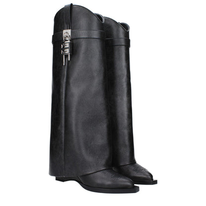 Givenchy Black Leather Boots with silver side detail and pointy toe, featuring aged and vintage effect, wedge heel.