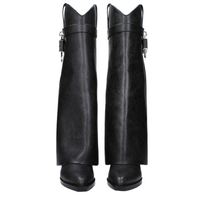 Givenchy Black Leather Boots with aged effect and vintage design, featuring silver side detail and wedge heel.