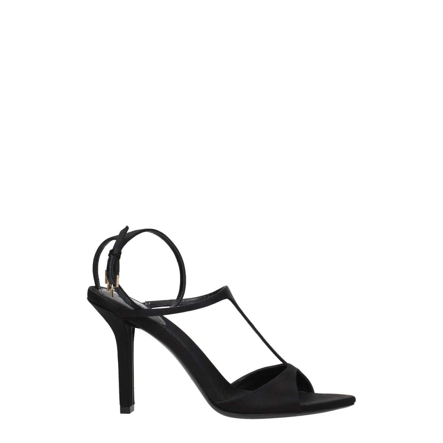Givenchy Black Satin Stiletto Heel Sandals with buckle closure and open toe design, featuring side logo and high heel.