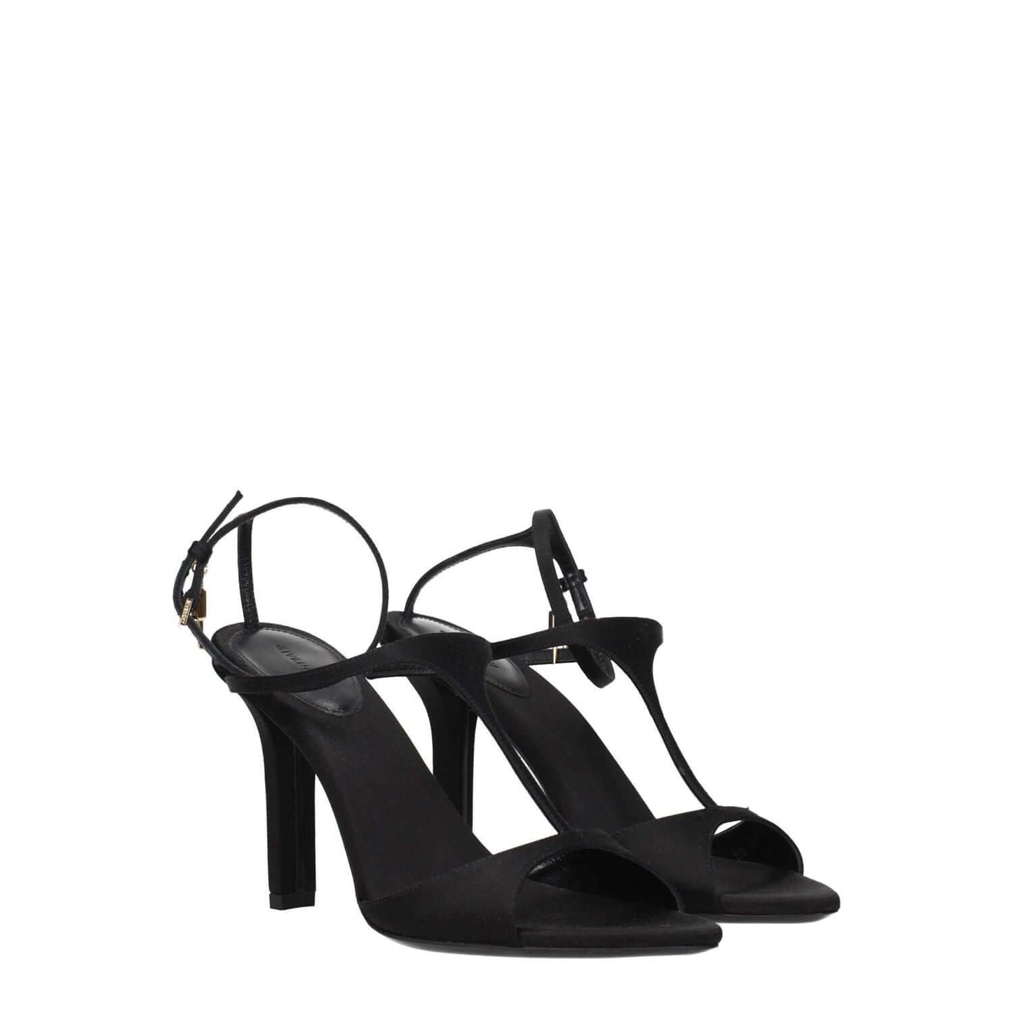 Givenchy Black Satin Stiletto Heel Sandals with buckle closure, open toe, high heel, leather sole, and side logo design.