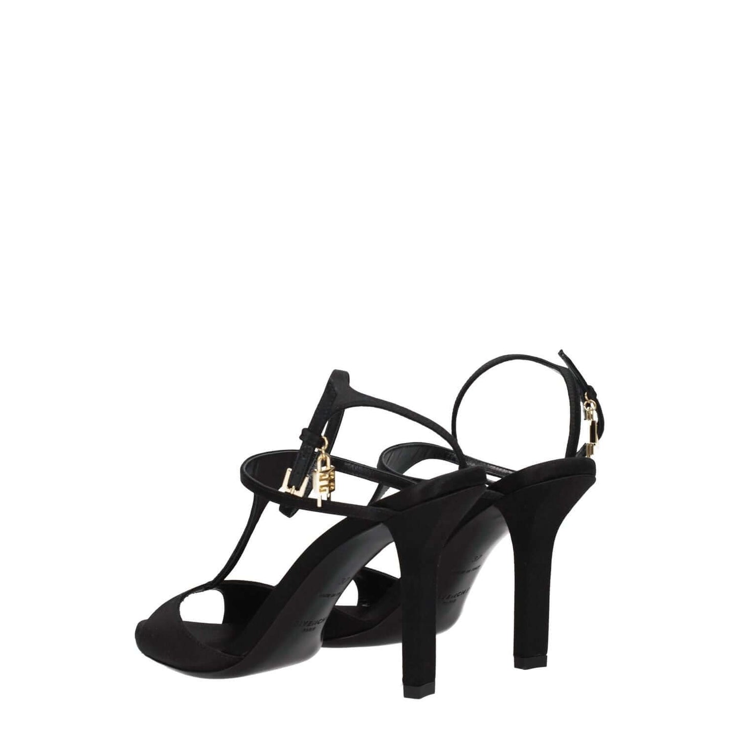 Givenchy Black Satin Stiletto Heel Sandals with buckle closure and leather sole, featuring open toe and gold side logo detail.