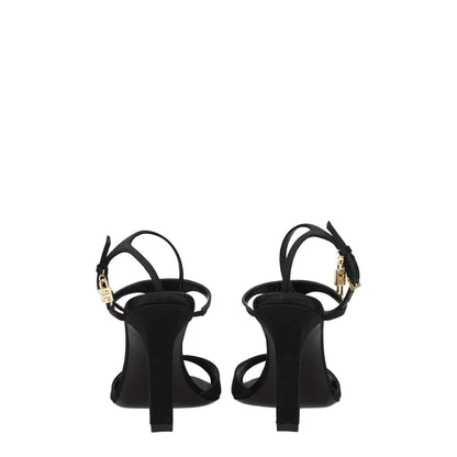 Rear view of Givenchy Black Satin Stiletto Heel Sandals with buckle closure and gold details.
