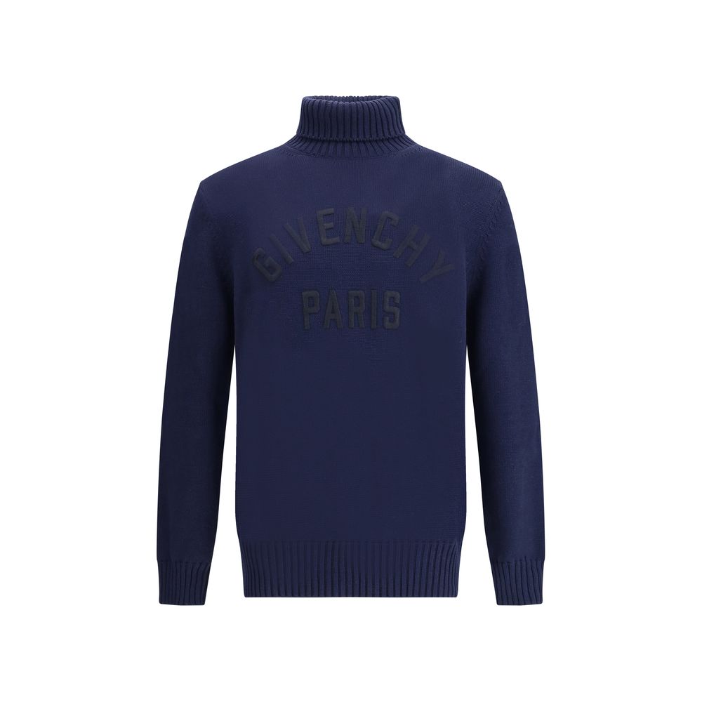 Givenchy Blue Cotton Sweatshirt with black logo embroidery, turtleneck, and ribbed hem, showcasing minimal elegance for AW25 season.