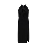 Givenchy Midi Dress with halter neckline featuring chain embellishment, cut-out front, deep V-neck, sleeveless, double-breasted design, front slit.