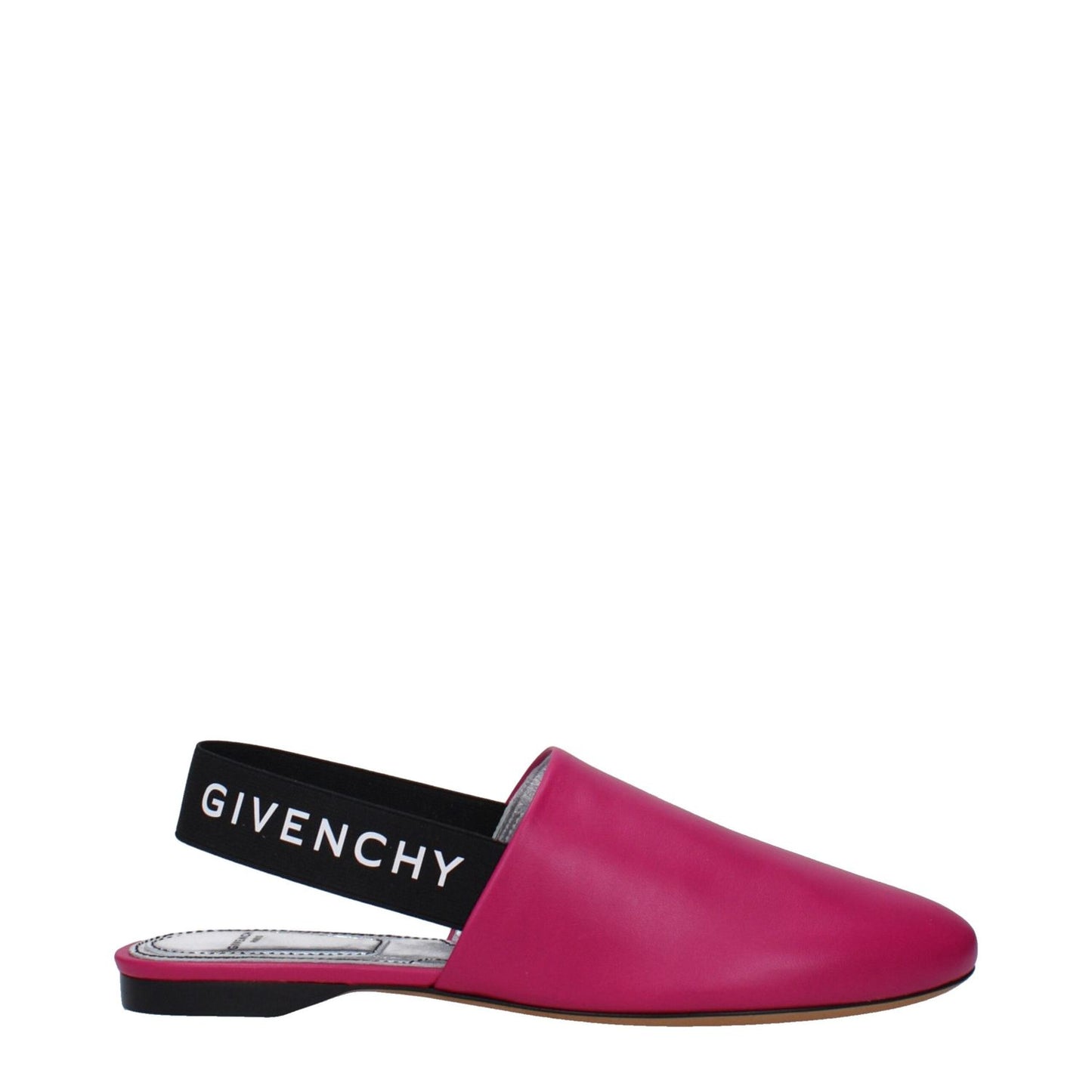 Givenchy Pink Leather Flat Sandals with logo straps, fuchsia leather with black accents, casual style, low heel, round toe, side and back logo.