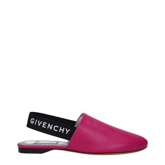 Givenchy Pink Leather Flat Sandals with logo straps, fuchsia leather with black accents, casual style, low heel, round toe, side and back logo.