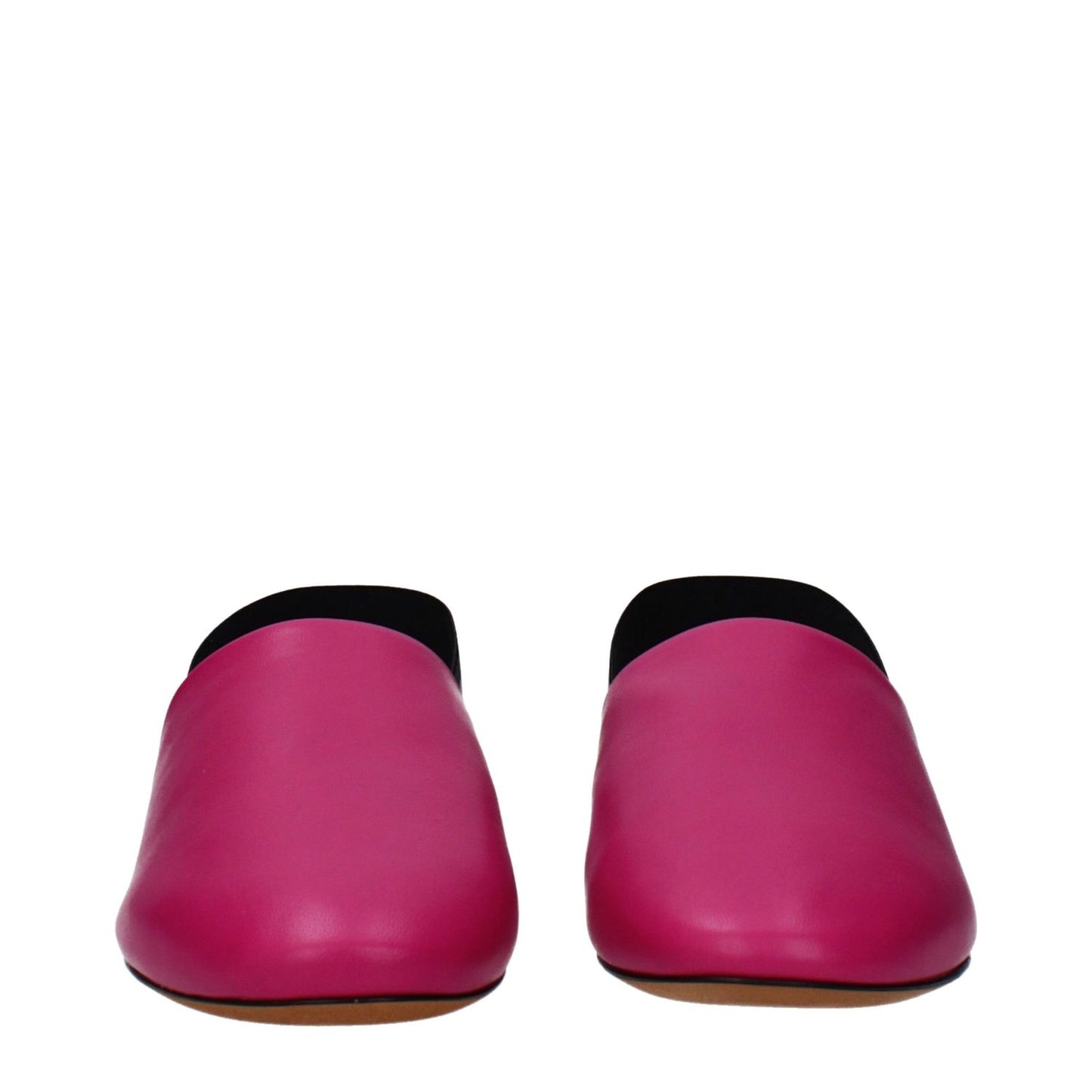 Front view of Givenchy Pink Leather Flat Sandals with round toe and logo details, in fuchsia and cyclamen colors. Casual leather design.