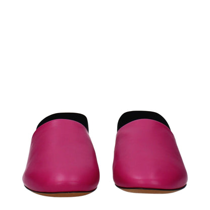 Front view of Givenchy Pink Leather Flat Sandals with round toe and logo details, in fuchsia and cyclamen colors. Casual leather design.