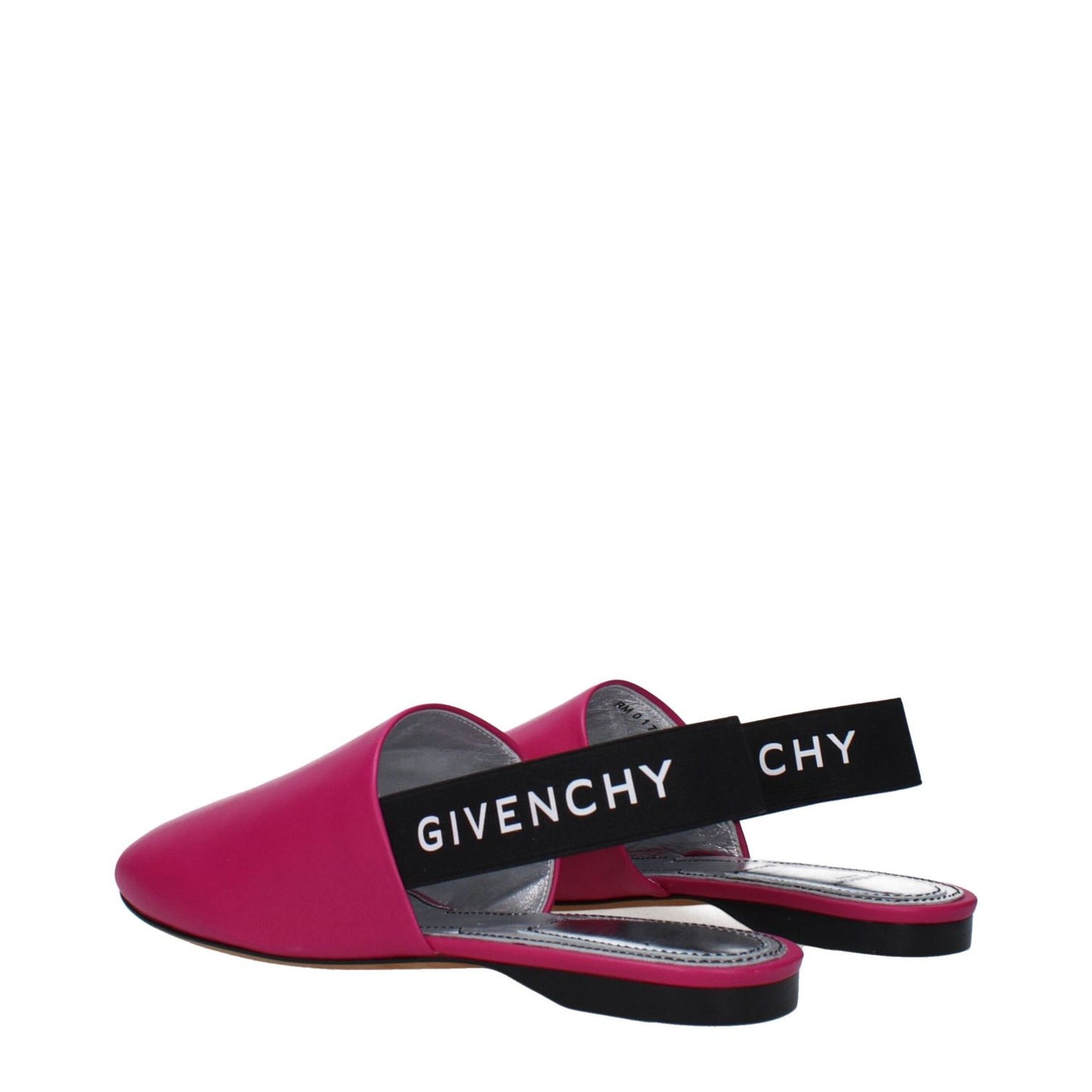 Givenchy Pink Leather Flat Sandals with logos, fuchsia leather, black details, casual style, featuring low, flat heel and round toe.