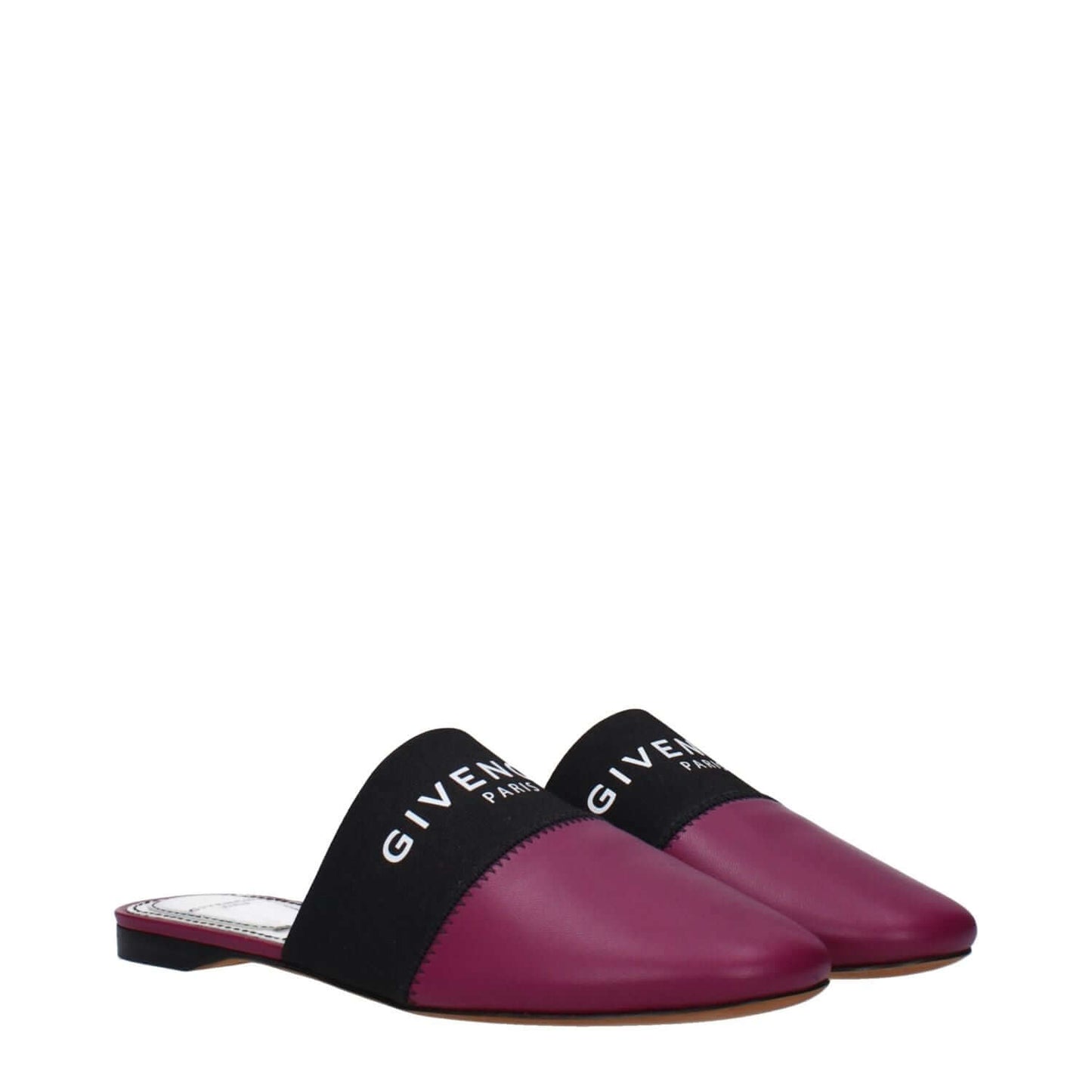 Givenchy Purple Leather Slippers with logo, casual style, round toe, dark orchid color, low flat heel, leather sole.