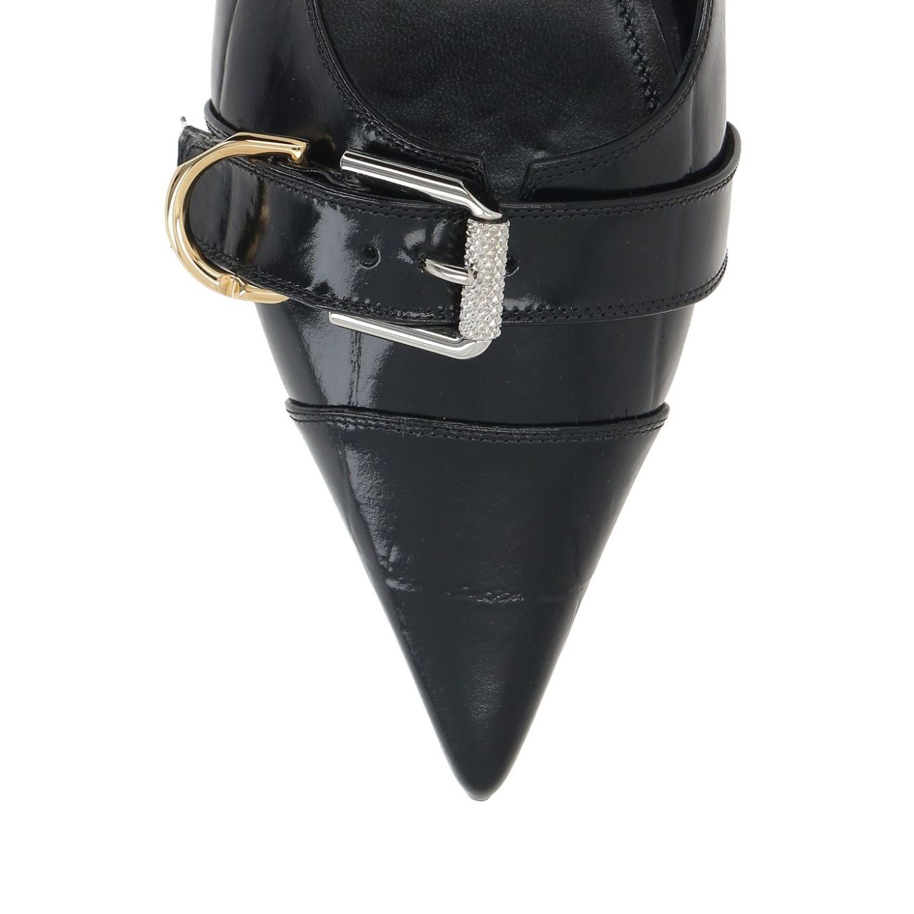 Givenchy Voyou Ballerinas black leather crocodile embossed slingback with buckle, pointed toe, and 0.4 in heel.