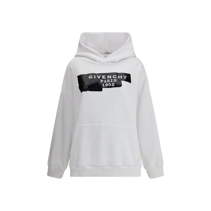 Givenchy White Cotton Sweatshirt with 3D logo print, hood, and pouch pocket. Oversized fit, ribbed hems, modern AW25 style.