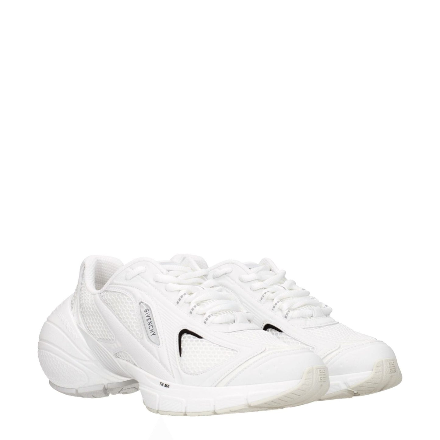 Givenchy White Fabric Athletic Sneakers with lace-up closure, leather material, and rubber sole; features front and side logos, 6.5 cm heel.