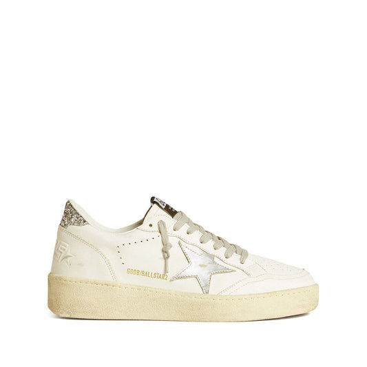 Golden Goose Ballstar 2 Sneakers in white leather with silver-tone star patch, distressed finish, and glitter heel detail.