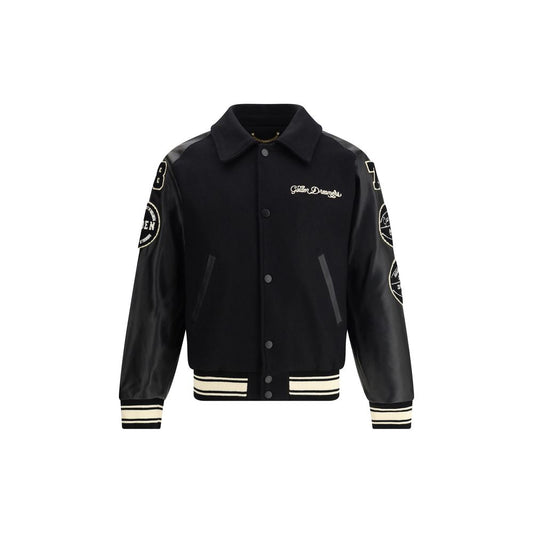 Golden Goose Black Fleece Wool Bomber with leather sleeves and white contrasts, front view showing button closure and pockets, SS26 season.