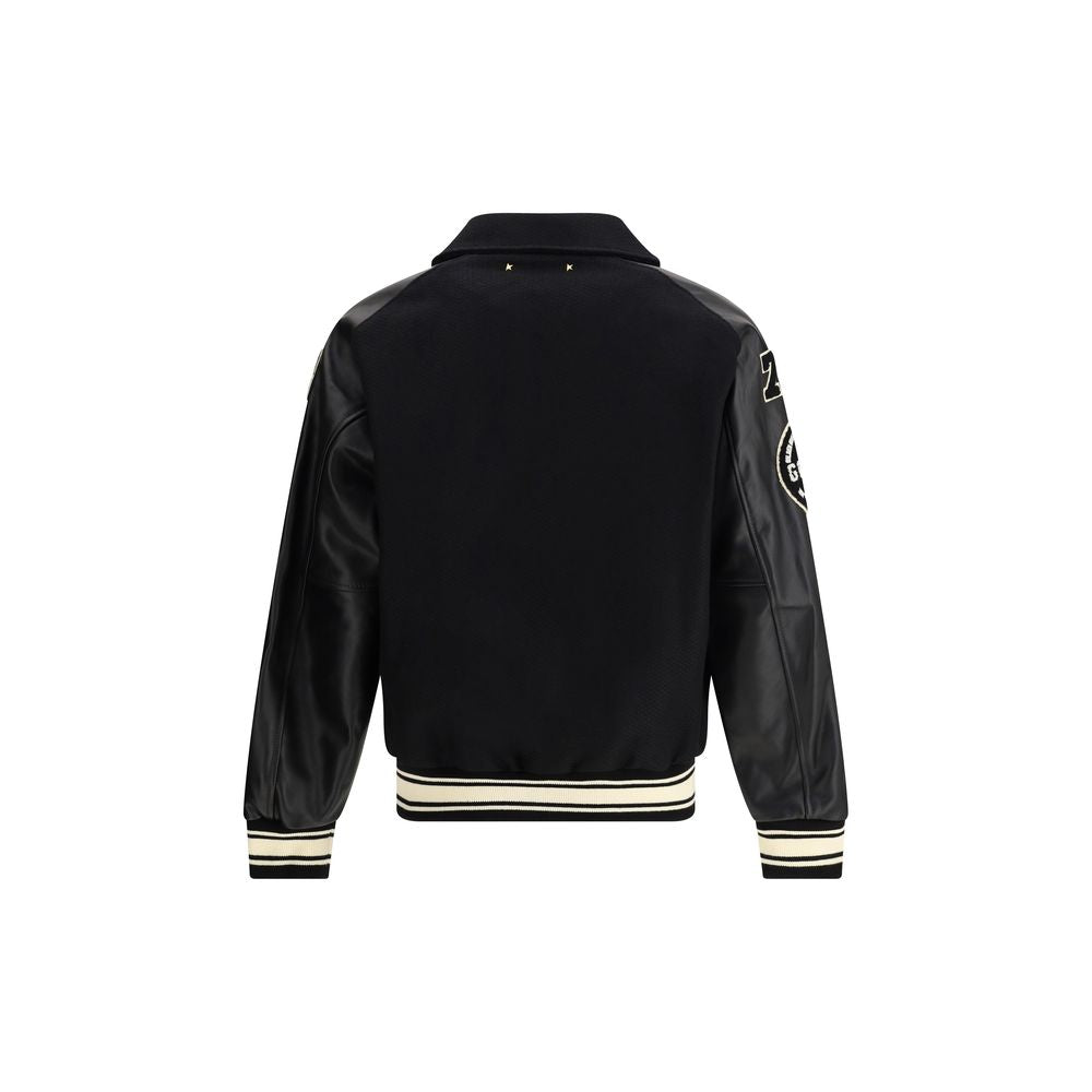 Golden Goose Black Fleece Wool Bomber with leather sleeves, back view showing contrast white patches, oversized fit, SS26 collection.