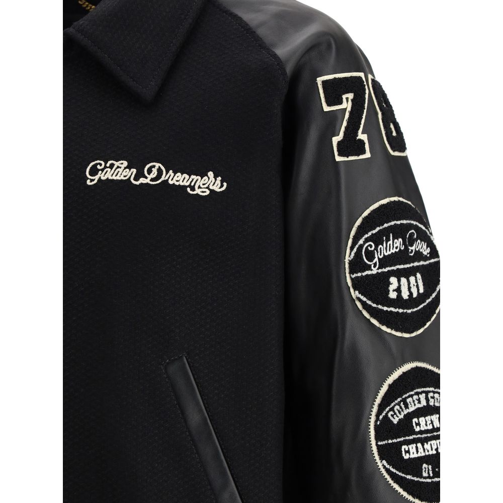 Golden Goose Black Fleece Wool Bomber with leather sleeves and white patches, showcasing Golden Dreamers and logo embroidery details.