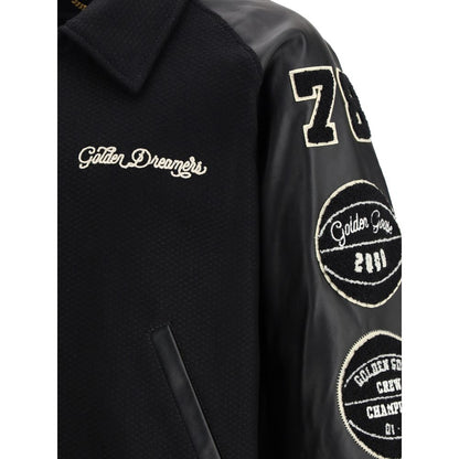 Golden Goose Black Fleece Wool Bomber with leather sleeves and white patches, showcasing Golden Dreamers and logo embroidery details.