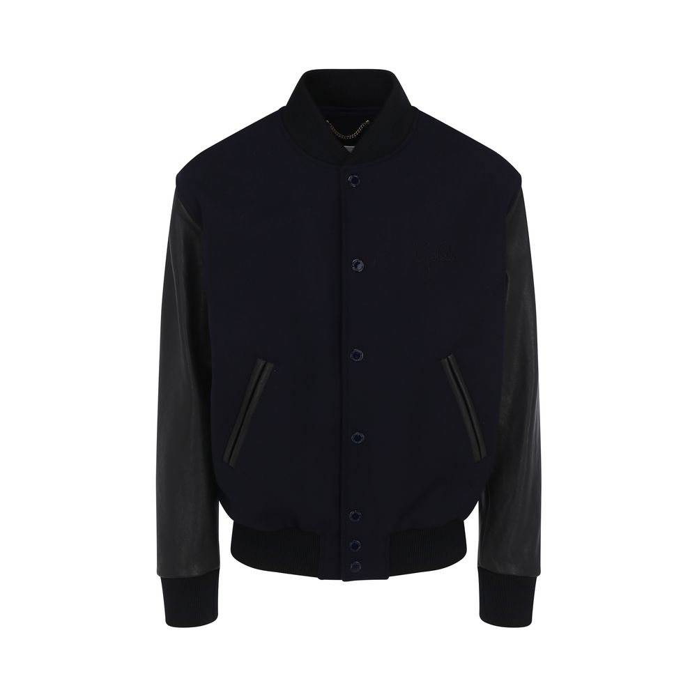 Golden Goose Blue Wool Bomber with ribbed collar and snap button closure.