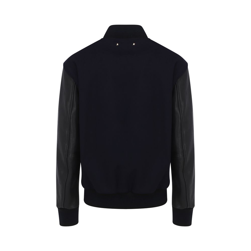 Back view of Golden Goose Blue Wool Bomber jacket with ribbed cuffs and collar, featuring a regular fit design for AW25 season.