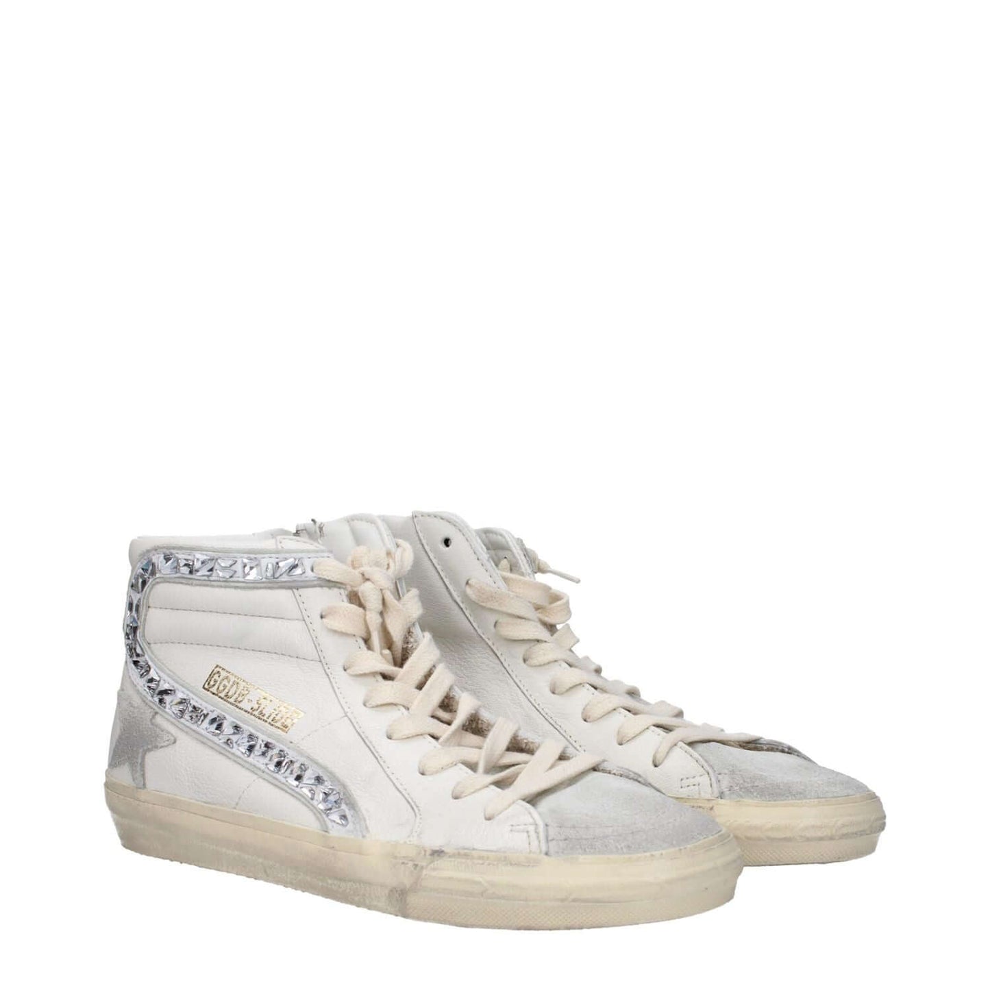Golden Goose White Leather High Top Sneakers with vintage effect and silver accents on a white background.