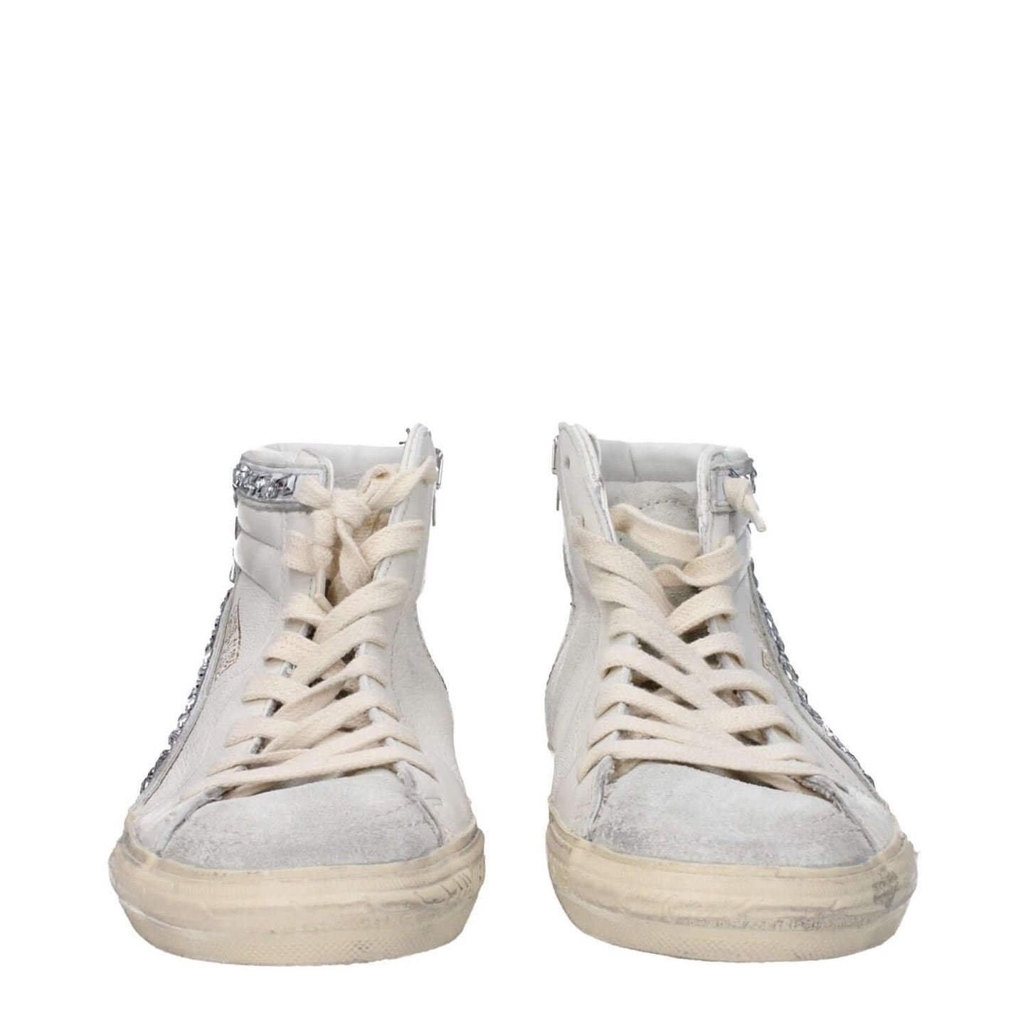 Golden Goose White Leather High Top Sneakers with aged and vintage effect, featuring side logo and lace-up closure. Casual style footwear.