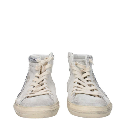 Golden Goose White Leather High Top Sneakers with aged and vintage effect, featuring side logo and lace-up closure. Casual style footwear.