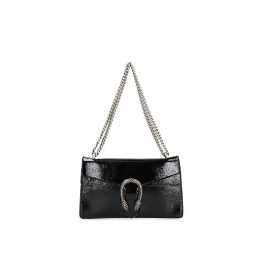 Gucci Black Calfskin Crossbody Bag with chain strap, silver-tone hardware, and flap pocket. Features calf leather and microfiber lining.